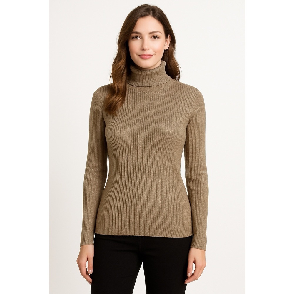 Basic Editions L Women's Shimmery Taupe Ribbed Turtleneck Sweater Classic Chic‎